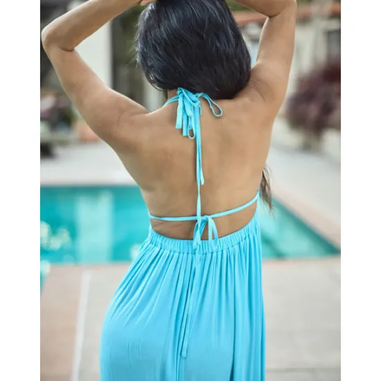 Outlet Women's Resort Maxi Dress Smocked Waist Blue Elegant Halter Neck Cami Maxi Dress Beach Cover Up Women Casual Dress