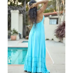 Outlet Women's Resort Maxi Dress Smocked Waist Blue Elegant Halter Neck Cami Maxi Dress Beach Cover Up Women Casual Dress