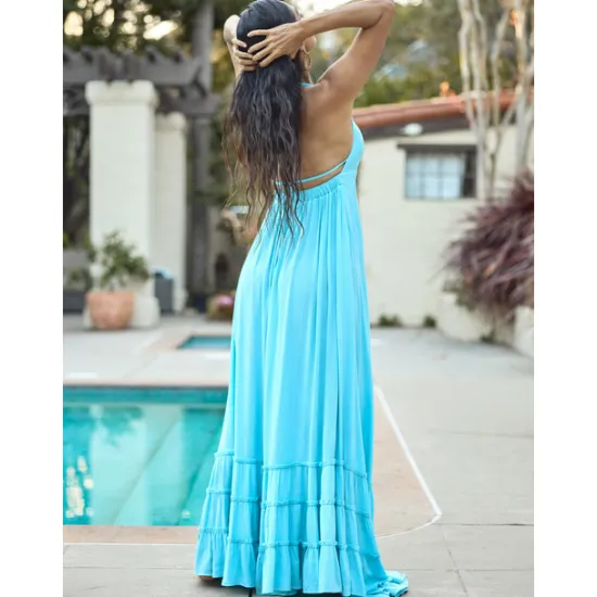 Outlet Women's Resort Maxi Dress Smocked Waist Blue Elegant Halter Neck Cami Maxi Dress Beach Cover Up Women Casual Dress