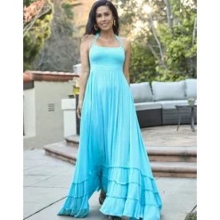 Outlet Women's Resort Maxi Dress Smocked Waist Blue Elegant Halter Neck Cami Maxi Dress Beach Cover Up Women Casual Dress