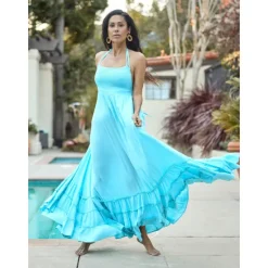 Outlet Women's Resort Maxi Dress Smocked Waist Blue Elegant Halter Neck Cami Maxi Dress Beach Cover Up Women Casual Dress