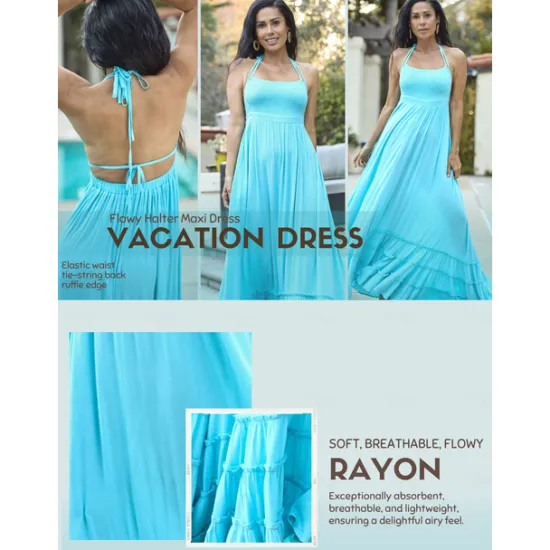 Outlet Women's Resort Maxi Dress Smocked Waist Blue Elegant Halter Neck Cami Maxi Dress Beach Cover Up Women Casual Dress