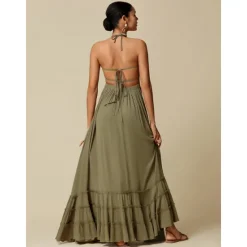 Outlet Women's Resort Maxi Dress Smocked Waist Blue Elegant Halter Neck Cami Maxi Dress Beach Cover Up Women Casual Dress