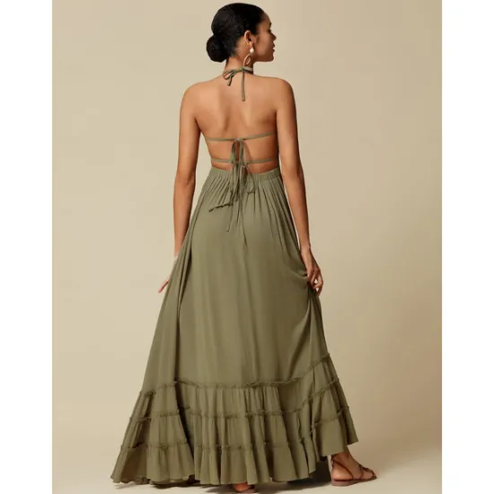 Outlet Women's Resort Maxi Dress Smocked Waist Blue Elegant Halter Neck Cami Maxi Dress Beach Cover Up Women Casual Dress