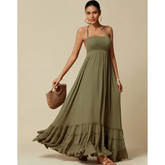 Outlet Women's Resort Maxi Dress Smocked Waist Blue Elegant Halter Neck Cami Maxi Dress Beach Cover Up Women Casual Dress