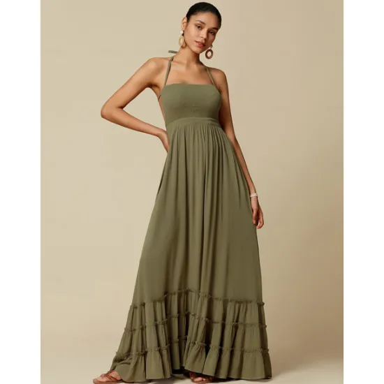 Outlet Women's Resort Maxi Dress Smocked Waist Blue Elegant Halter Neck Cami Maxi Dress Beach Cover Up Women Casual Dress