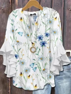 Sale Women's Retro Blouse Layered Ruffle Sleeve Tops Vintage Floral Graphic Bohemia Vintage Daily 3/4 Length Sleeve Regular Tops Daily Holiday Vacation Wear Print White Blue Dusty Blue Orange Women Blouses & Shirts