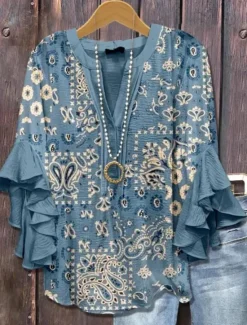 Sale Women's Retro Blouse Layered Ruffle Sleeve Tops Vintage Floral Graphic Bohemia Vintage Daily 3/4 Length Sleeve Regular Tops Daily Holiday Vacation Wear Print White Blue Dusty Blue Orange Women Blouses & Shirts