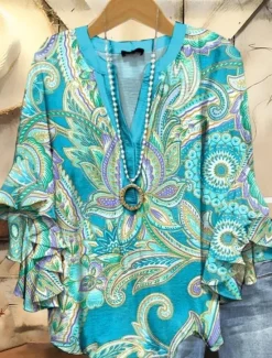 Sale Women's Retro Blouse Layered Ruffle Sleeve Tops Vintage Floral Graphic Bohemia Vintage Daily 3/4 Length Sleeve Regular Tops Daily Holiday Vacation Wear Print White Blue Dusty Blue Orange Women Blouses & Shirts