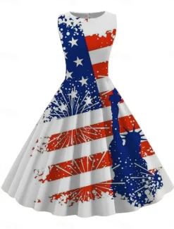 Discount Women's Retro 1950s Vintage Tea Dresses Midi Dress Daily Date Ruched Print American Flag Crew Neck Sleeveless Slim Summer Spring 2023 Black White S M L XL Women Casual Dress