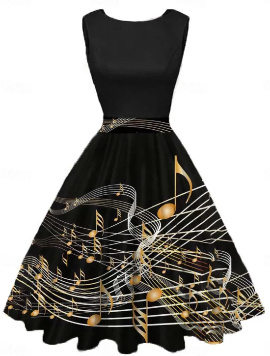 Online Women's Retro 1950s Vintage Tea Dresses Midi Dress Daily Date Ruched Print Note Crew Neck Sleeveless Slim Summer Spring 2023 Blue S M L XL Women Cocktail Dress