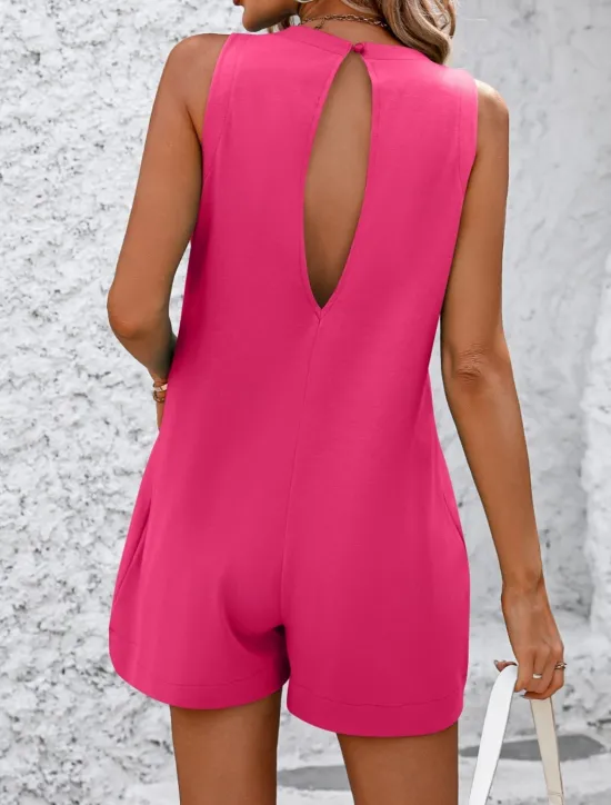 New Women's Romper Active Solid Color Sleeveless Round Neck Pocket Vacation Street Slim Black White Fuchsia Summer Women Graphic Jumpsuit