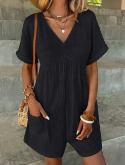 Online Women's Romper Active Solid Color Short Sleeve V Neck Pocket Vacation Daily Regular Fit Black Green Apricot Summer Women Graphic Jumpsuit