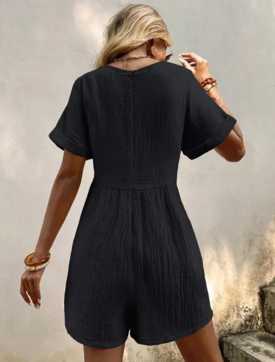 Online Women's Romper Active Solid Color Short Sleeve V Neck Pocket Vacation Daily Regular Fit Black Green Apricot Summer Women Graphic Jumpsuit