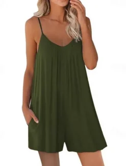 Discount Women's Romper Maternity Jumpsuit Patchwork U Neck Streetwear Baggy Shorts Loose Fit Sleeveless Camisole Army Green Red Navy Blue S M L Fall Summer Women Rompers
