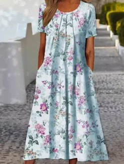 Outlet Women's Rose Floral Pocket Crew Neck Midi Dress Stylish Date Vacation Short Sleeve Summer Women Spring Dresses