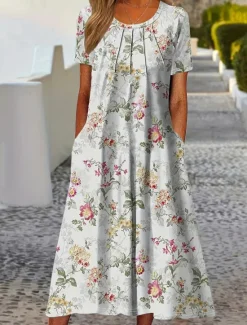 Outlet Women's Rose Floral Pocket Crew Neck Midi Dress Stylish Date Vacation Short Sleeve Summer Women Spring Dresses