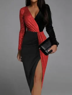 Sale Women's Sequin Dress Midi Dress Sequins Patchwork Casual V Neck Long Sleeve Champagne Red Color Women Cocktail Dress