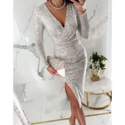 Sale Women's Sequin Dress Midi Dress Sequins Split Casual V Neck Long Sleeve Silver Black Wine Color Women Cocktail Dress