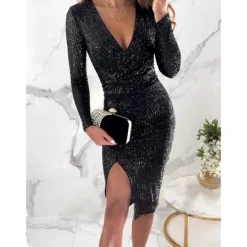 Sale Women's Sequin Dress Midi Dress Sequins Split Casual V Neck Long Sleeve Silver Black Wine Color Women Cocktail Dress