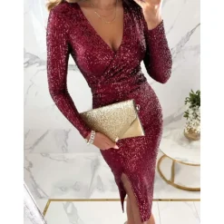 Sale Women's Sequin Dress Midi Dress Sequins Split Casual V Neck Long Sleeve Silver Black Wine Color Women Cocktail Dress