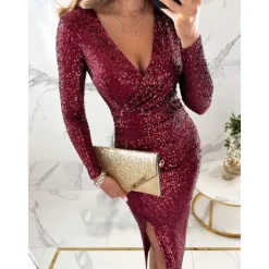 Sale Women's Sequin Dress Midi Dress Sequins Split Casual V Neck Long Sleeve Silver Black Wine Color Women Cocktail Dress