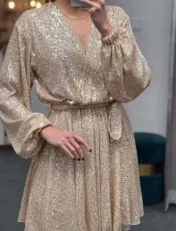 New Women's Sequin Dress Mini Dress Champagne Long Sleeve Pure Color Sequins Winter Fall V Neck Vintage Fashion Elegant Puff Sleeve Mesh XL Women Cocktail Dress