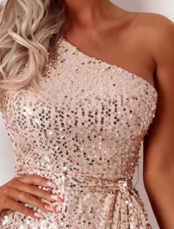 New Women's Sequin Dress Party Dress Cocktail Dress Sequins Drawstring One Shoulder Long Sleeve Mini Dress Winter Dress Valentine's Day Summer Spring Women Cocktail Dress