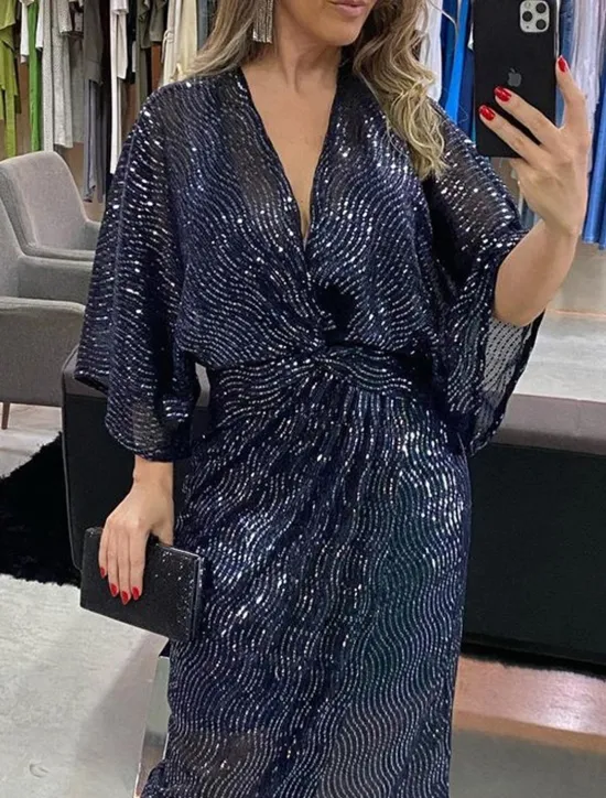 Sale Women's Sequin Dress Party Dress Cocktail Dress Sequins Glitter V Neck 3/4 Length Sleeve Midi Dress Winter Dress Wedding Guest Spring Fall Women Cocktail Dress