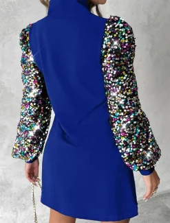 New Women's Sequin Dress Party Dress Cocktail Dress Sequins Button Stand Collar Long Sleeve Color Block Mini Dress Wedding Guest Birthday Elegant Black Wine Summer Spring Women Cocktail Dress