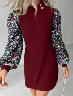 New Women's Sequin Dress Party Dress Cocktail Dress Sequins Button Stand Collar Long Sleeve Color Block Mini Dress Wedding Guest Birthday Elegant Black Wine Summer Spring Women Cocktail Dress