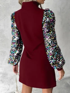New Women's Sequin Dress Party Dress Cocktail Dress Sequins Button Stand Collar Long Sleeve Color Block Mini Dress Wedding Guest Birthday Elegant Black Wine Summer Spring Women Cocktail Dress