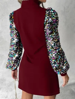 New Women's Sequin Dress Party Dress Cocktail Dress Sequins Button Stand Collar Long Sleeve Color Block Mini Dress Wedding Guest Birthday Elegant Black Wine Summer Spring Women Cocktail Dress