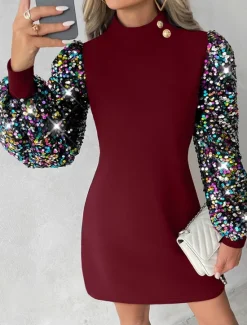 New Women's Sequin Dress Party Dress Cocktail Dress Sequins Button Stand Collar Long Sleeve Color Block Mini Dress Wedding Guest Birthday Elegant Black Wine Summer Spring Women Cocktail Dress