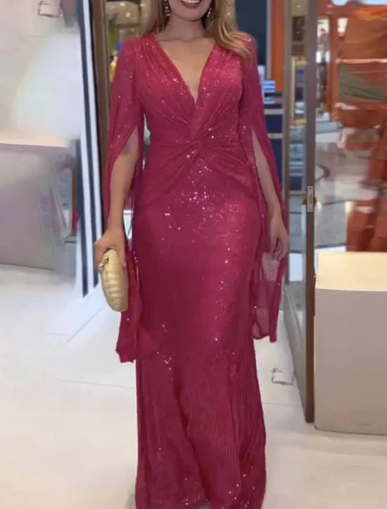 Outlet Women's Sequin Dress Prom Dress Party Dress Sequins Glitter V Neck Long Sleeve Winter Dress Champagne Red Fall Winter Women Cocktail Dress