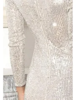Women's Sequined Mini Dress Long Sleeve V-Neck Draped Silver Glamorous Cocktail Party Evening Wear Fall Winter Women Cocktail Dress