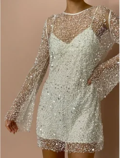 Online Women's Sequins Vintage Dress Mini Dress Polka Dot V Neck Long Sleeve Fall Winter Women Cocktail Dress