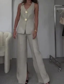 Clearance Women's Set Work V Neck Buttons Solid Color Comfortable OL Style Regular Fit Outerwear Sleeveless Summer Light Grey S Women Blazers & Suits