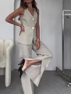 Clearance Women's Set Work V Neck Buttons Solid Color Comfortable OL Style Regular Fit Outerwear Sleeveless Summer Light Grey S Women Blazers & Suits
