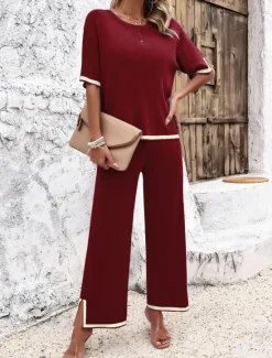 Outlet Women's Sets Pure Color Casual Comfort Daily Viscose Breathable Crew Neck Short Sleeve T shirt Tee Pant Summer Spring Home Outfits Women Pajama-Setter