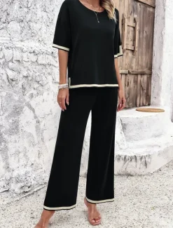 Outlet Women's Sets Pure Color Casual Comfort Daily Viscose Breathable Crew Neck Short Sleeve T shirt Tee Pant Summer Spring Home Outfits Women Pajama-Setter