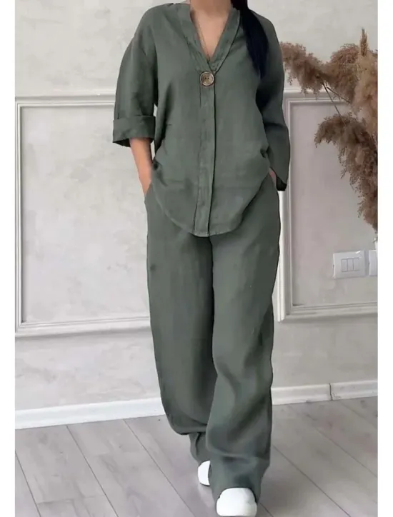 Clearance Women's Sets Pure Color Casual Comfort Home Daily Breathable Shirt Pant Summer Spring Home Outfits Women Pajama-Setter