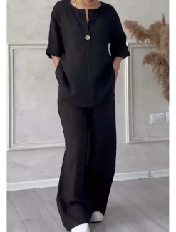 Clearance Women's Sets Pure Color Casual Comfort Home Daily Breathable Shirt Pant Summer Spring Home Outfits Women Pajama-Setter