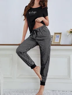 Hot Women's Sets Stripe Letter Fashion Comfort Home Daily Breathable Crew Neck Short Sleeve T shirt Tee Pant Summer Spring Home Outfits Women Sleepwear