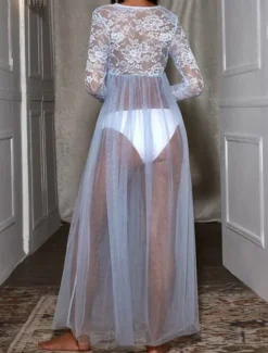 Outlet Women's Sexy Lingerie Chemises & Negligees Pure Color See Through Sweet Home Beach V Wire Long Sleeve Transparent Summer Spring Home Outfits Women Lingerie