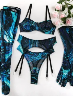 Clearance Women's Sexy Lingerie Sets 5 Pieces Pure Color Lovers Hot Home Valentine's Day Bed Mesh Breathable Straps Sleeveless Backless Summer Spring Home Outfits Women Lingerie