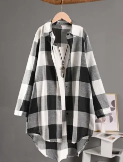 Clearance Women's Shacket Comfortable Breathable Buttons Print Casual Plaid Vacation Street Casual Daily Wear Single Breasted Long Turndown Regular Fit Long Sleeve Outerwear Black And White Red Blue Spring Fall Women Shirts