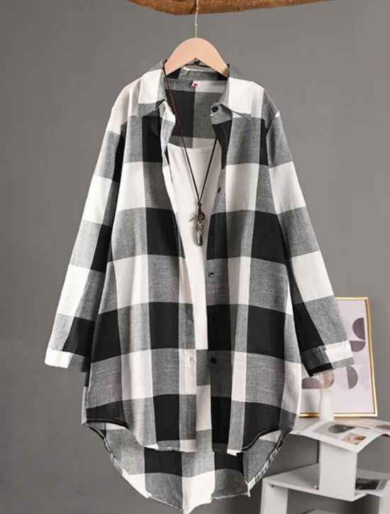 Clearance Women's Shacket Comfortable Breathable Buttons Print Casual Plaid Vacation Street Casual Daily Wear Single Breasted Long Turndown Regular Fit Long Sleeve Outerwear Black And White Red Blue Spring Fall Women Shirts