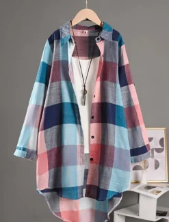 Clearance Women's Shacket Comfortable Breathable Buttons Print Casual Plaid Vacation Street Casual Daily Wear Single Breasted Long Turndown Regular Fit Long Sleeve Outerwear Black And White Red Blue Spring Fall Women Shirts
