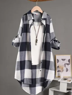 Clearance Women's Shacket Comfortable Breathable Buttons Print Casual Plaid Vacation Street Casual Daily Wear Single Breasted Long Turndown Regular Fit Long Sleeve Outerwear Black And White Red Blue Spring Fall Women Shirts
